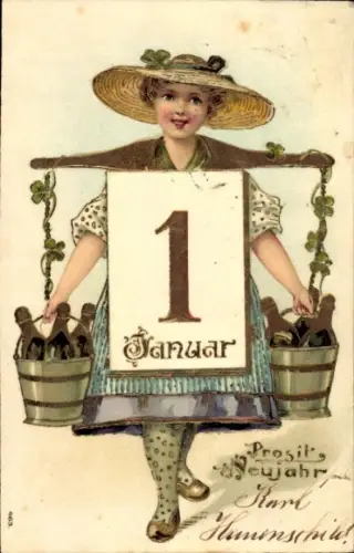 Präge Ak Fröhliches Neujahr, Frau mit Schulterjoch trägt Sektflaschen, Kalender