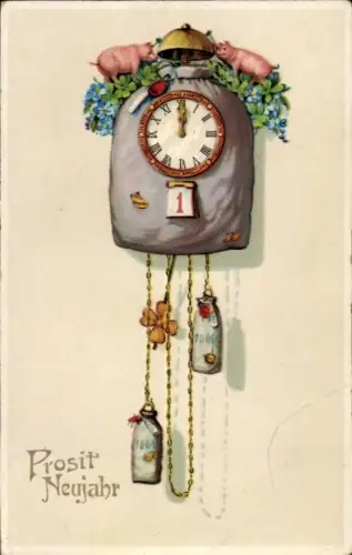 Litho Glückwunsch Neujahr, Schweine, Klee, Uhr