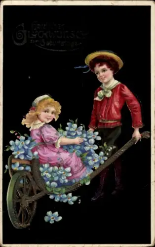 Präge Ak Glückwunsch Geburtstag, Kinder, Blumen