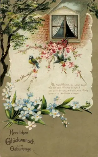 Präge Ak Glückwunsch Geburtstag, Blumen, Vögel