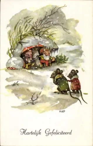 Künstler Ak Glückwunsch, Zwerge unter einem Pilz, Frierende Mäuse