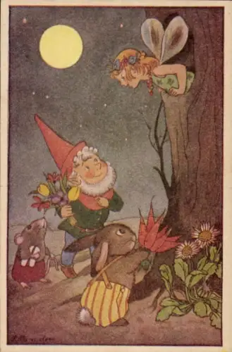 Mondschein Künstler Ak Zwerg besucht seine Freundin, Maus, Möhren, Hase, Blumenstrauß