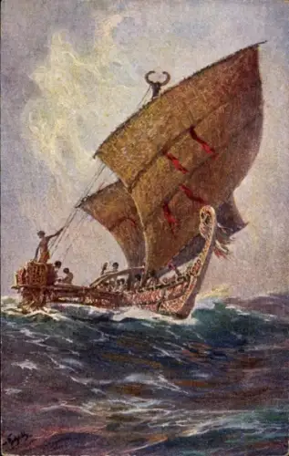 Künstler Ak Bohrdt, Hans, Papua Neuguinea, Das letzte Boot von der Insel Agomes, Kolonialkriegerdank