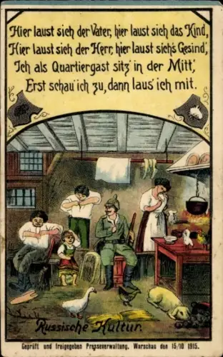 Ak Russische Kultur, Deutscher Soldat in einer russischen Bauernstube, I. WK