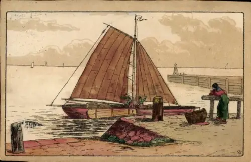 Künstler Ak Fischerboot im Hafen