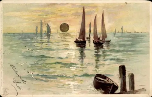 Künstler Ak Seepanorama, Sonnenuntergang, Segelboote