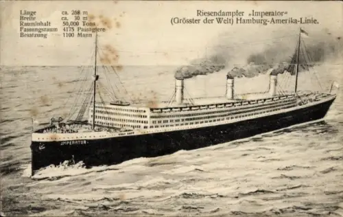 Künstler Ak Dampfschiff Imperator, HAPAG, Größter Riesendampfer der Welt