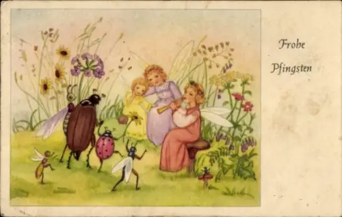 Ak Glückwunsch Pfingsten, Glücksfee, Käfer, Blumen