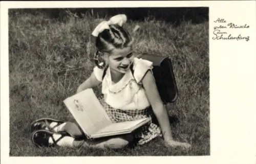 Ak Glückwunsch Schulanfang, Mädchen mit Buch