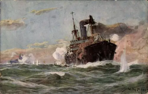 Künstler Ak Stöwer, Willy, Deutsches U Boot im Gefecht mit einem Handelsdampfer im Sperrgebiet