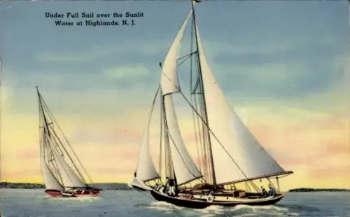 Ak Under Full Sail over the Sunlit, Water at Highlands, New Jersey