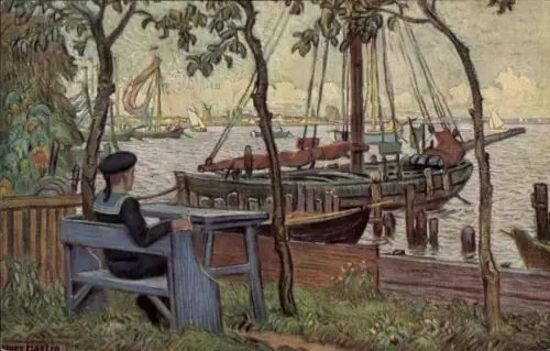 Künstler Ak Hartig, Hans, Aug Urlaub in der Heimat, Matrose auf einer Sitzbank am Hafen, Schiffe