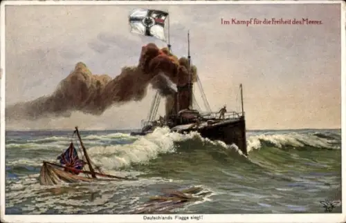 Künstler Ak Deutschlands Flagge siegt, Im Kampf für die Freiheit des Meeres
