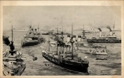 Künstler Ak Dampfer in einem Hafen