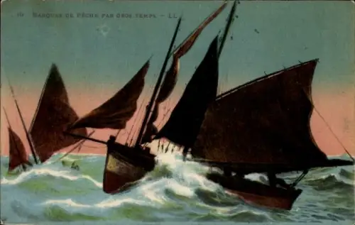 Ak Fischerboote in stürmischer See, Segelboote