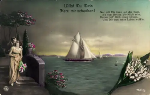Ak Willst Du Dein Herz mir schenken, Liebespaar, Segelboot