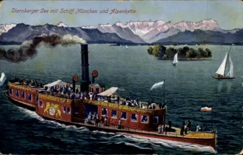 Ak Dampfschiff München auf dem Starnberger See, Alpenkette