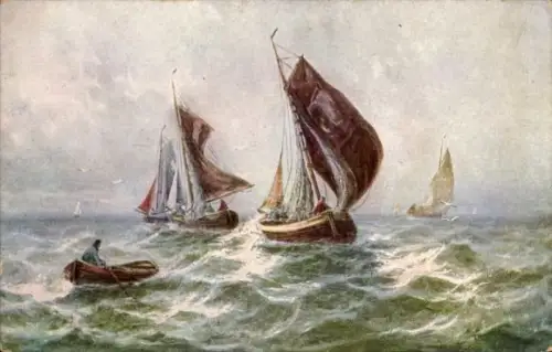 Künstler Ak Fischerboote in stürmischer See, Ruderboot