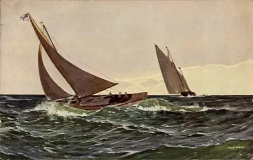 Künstler Ak Seepanorama, Segelboote in stürmischer See