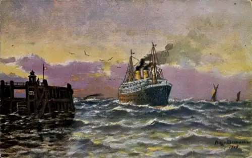 Künstler Ak Hafen, Dampfschiff