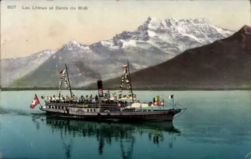 Ak Lac Leman Schweiz, Dents du Midi, Dampfschiff Vevey