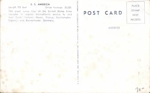 Ak Dampfschiff SS America, USL