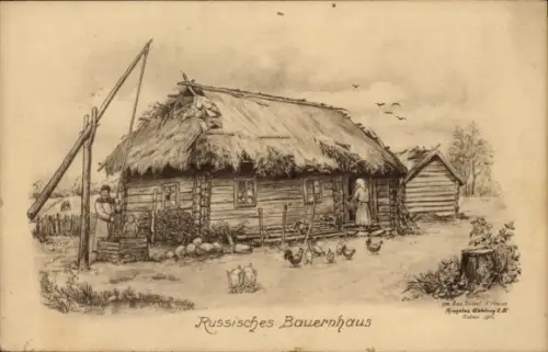 Künstler Ak Russland, Russisches Bauernhaus, Wasserbrunnen