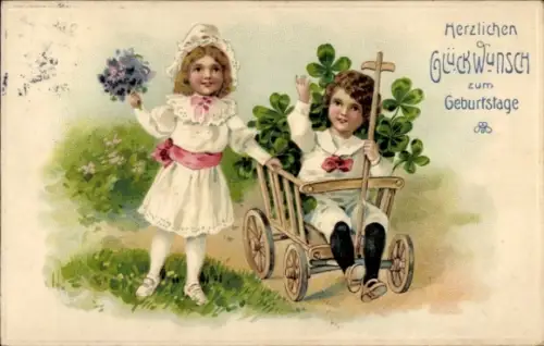 Präge Ak Glückwunsch Geburtstag, Kinder mit Handwagen, Klee