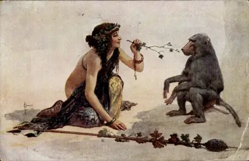 Künstler Ak Solomko, S., Neckerei, Frau mit Pavian