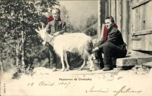 Ak Champéry Kt. Wallis, Paysannes, Zwei Bäuerinnen in Trachten, Ziege