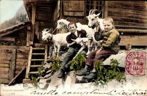Ak Alpen, Schweizerische Tracht, Zwei Jungen mit Ziegen