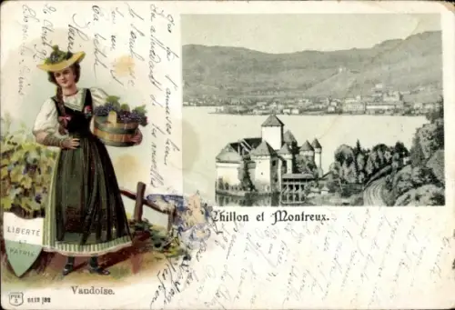 Litho Chillon Montreux Kanton Waadt, Totalansicht, Vaudoise, Frau in schweizerischer Tracht
