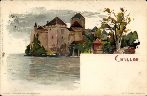 Künstler Litho Voellmy, F., Chillon Kanton Waadt, Blick auf eine Burg