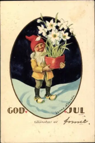 Künstler Ak Nyström, Jenny, Frohe Weihnachten, Zwerg mit Blumentopf