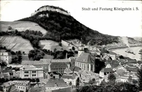 Ak Königstein an der Elbe Sächsische Schweiz, Stadt und Festung  Flusslandschaft, Berge