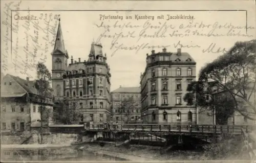Ak Kaßberg Chemnitz in Sachsen, Pfortensteg, Kassberg, Jacobikirche,  Brücke, Gebäude
