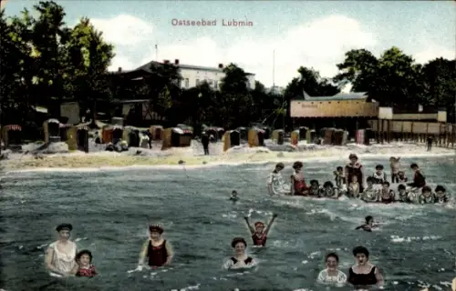 Ak Ostseebad Lubmin in Pommern, Ostseebad  Strand, Badegäste, Strandkörbe, Wasser