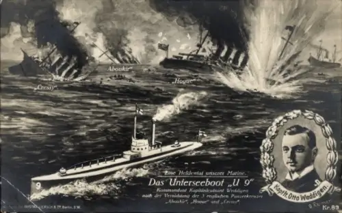 Künstler Ak Reimer, O., Otto Weddigen, Marineoffizier, Kapitänleutnant, Unterseeboot U 9, Gefecht