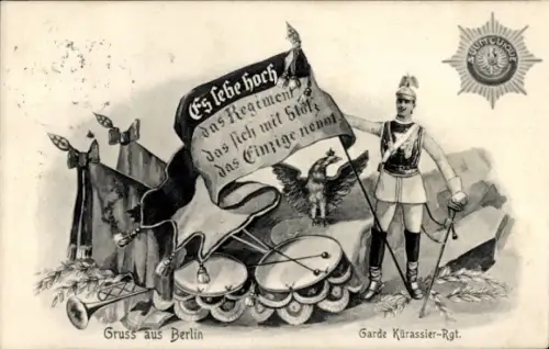 Ak Berlin, Garde Kürassier-Regiment, Soldat mit Fahne, Trommel