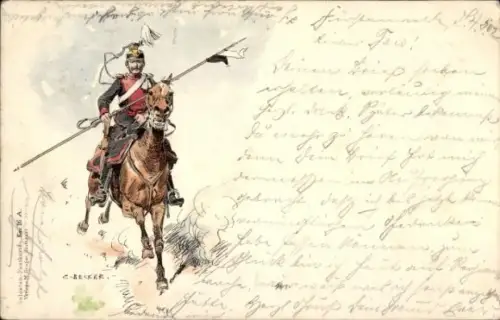 Künstler Ak Becker, C., Soldat in voller Ausrüstung, Kavallerie, Kaiserzeit