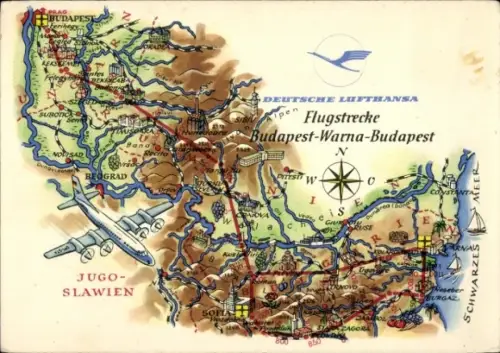 Landkarten Künstler Ak Hoppe, Deutsche Lufthansa, Flugstrecke Budapest Warna, Jugoslawien