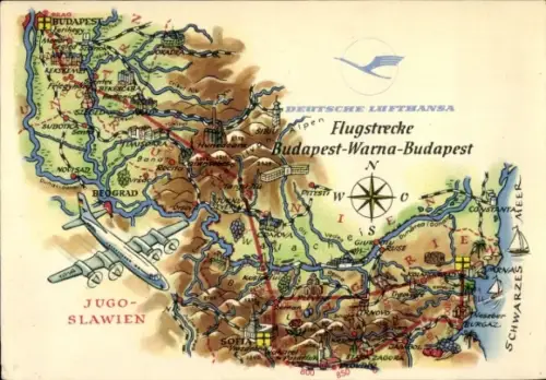 Landkarten Künstler Ak Hoppe, Deutsche Lufthansa, Flugstrecke Budapest Warna, Jugoslawien