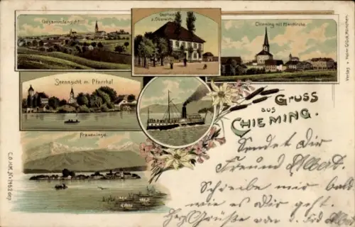 Litho Chieming in Oberbayern, Gasthaus zum Oberwirt, Raddampfer, Fraueninsel, Kirche