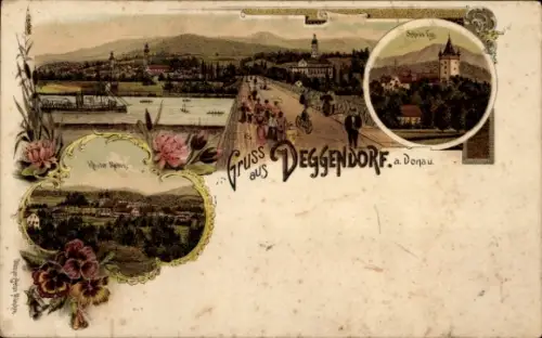 Litho Deggendorf an der Donau Niederbayern, Gesamtansicht, Schloss Egg, Kloster Metten