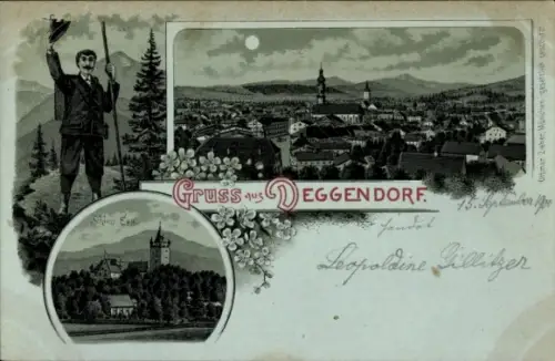Mondschein Litho Deggendorf Niederbayern, Totalansicht, Schloss Egg