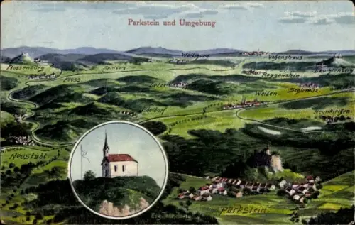 Landkarten Künstler Ak Felle, Eugen, Parkstein Oberpfalz, Kirche, Neustadt, Neunkirchen, Weiden