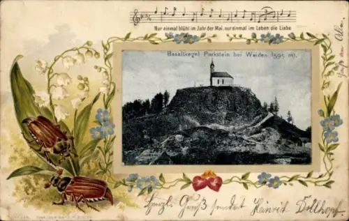 Präge Passepartout Ak Parkstein Oberpfalz, Basaltkegel, Kirche, Maikäfer
