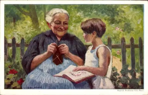 Ganzsachen Künstler Ak Beurmann, Bundesfeier 1928, Großmutter strickt, Schweiz