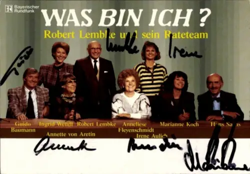 Ak Moderator Robert Lembke, Was bin ich Rateteam, Autogramme, Irene Aulich, Annette von Aretin