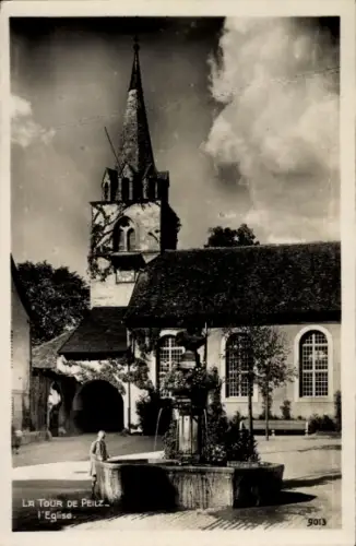 Ak La Tour de Peilz Kanton Waadt, Kirche, Brunnen
